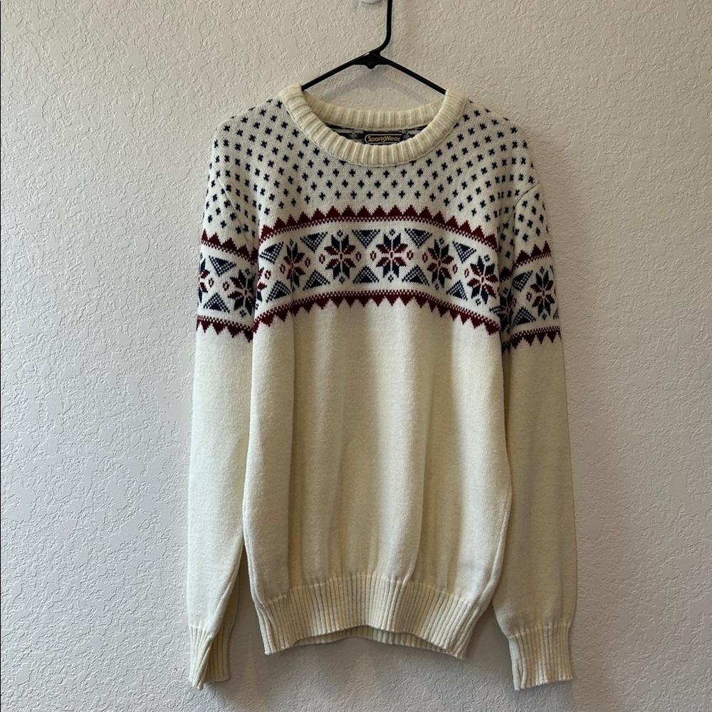 Vintage Sports Wear Sears Men's Cream and Burgundy Patterned Crewneck Sweater